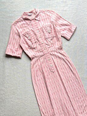 Vintage 40s Dolly Myers Pink & White Jacquard Short Sleeve Belted Shirt Dress